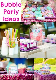 a collage of pictures with pink, blue and green items on it that says bubble party ideas