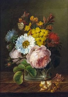 a painting of flowers in a glass vase on a table with leaves and butterflies around it