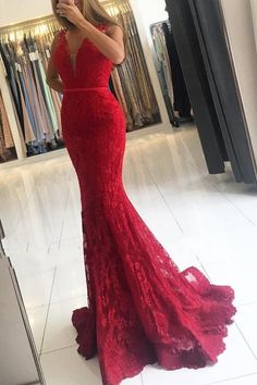 Classy Mermaid V-neck Wide Straps Tulle Lace Long Prom Dress-BIZTUNNEL Dresses Long Formal, Red Lace Prom Dress, Lace Prom Dresses, Mermaid Prom Dresses Lace, Prom Dresses Long Lace, Prom Dresses Long Mermaid, Exquisite Gowns, Prom Dresses Sleeveless, Long Evening Gowns