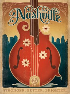 an advertisement for nashville, tennessee with a red guitar on it's back and the words nashville come true in music city