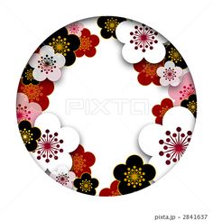 an abstract floral design with red, white and black flowers in the center on a white background