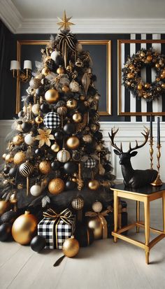 a christmas tree decorated with gold and black ornaments