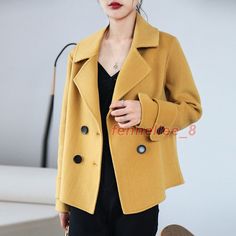 Women's Double-Sided Woolen Coat Short Autumn Double Breasted Casual Jacket | eBay Fall Yellow Blazer With Button Closure, Yellow Blazer With Button Closure For Fall, Yellow Single Breasted Blazer For Fall, Yellow Winter Workwear Outerwear, Yellow Winter Outerwear For Work, Yellow Single-breasted Blazer For Fall, Trendy Yellow Blazer For Fall, Yellow Winter Outerwear With Button Closure, Yellow Fall Outerwear With Button Closure