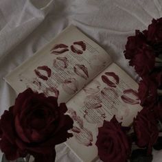 an open book sitting on top of a bed next to red flowers and greenery