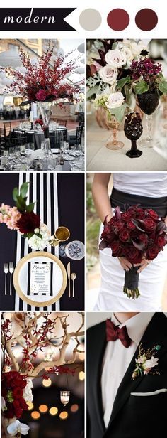 a collage of different wedding colors and flowers in black, white, red, and gold