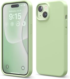 an iphone case is shown in light green