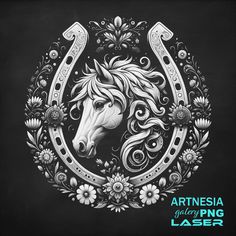 an artistic horse head with flowers in the center on a blackboard background for laser engraving