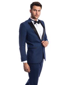 Elevate your formal wear collection with the sophisticated elegance of the Bryan Michaels cobalt blue slim fit tuxedo. Perfect for any upscale occasion, this tuxedo combines modern style with classic tailoring to create a sharp, distinguished look.Jacket Features: • Striking solid cobalt blue color for a vibrant, eye-catching appearance. • Sleek one-button front closure ensures a streamlined silhouette. • Slim fit design tailored to accentuate your body’s natural shape. • Elegant satin peak lapel adds a touch of luxury and distinction. • Single center vent for increased mobility and comfort. • Interior French facing for a smooth, refined finish inside out. • Two satin trim besom front pockets and three interior pockets for convenient storage.Pants Features: • Flat front-tapered design for Classic Tailoring, Slim Fit Tuxedo, Custom Suit, Peak Lapel, Formal Wear, Cobalt Blue, Modern Style, Inside Out, Blue Color