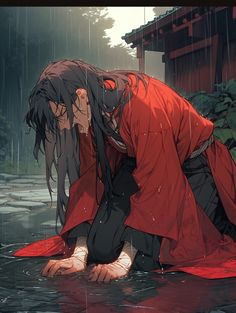 an anime character kneeling down in the water with his head on his hands and eyes closed