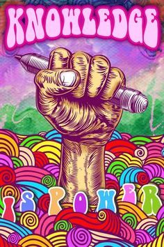 a poster with an image of a hand holding a pen in front of colorful swirls