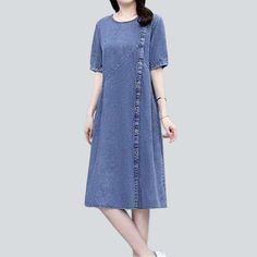 Feel the nostalgia of the '90s with our 2023 Spring-Summer Collection elegant half-sleeve denim dress! Be the trendsetter you're meant to be and embrace the trend renaissance with this stylish and durable piece that will have you radiating confidence and style.Why You'll Love It: 90s Style: Get that vintage-inspired look and make a statement with a classic design. Monochrome: With a sleek. slim fit. this traditional design will never go out of style. Long: With a pull-on closure. this dress is p Blue Non-stretch Denim Dress With Short Sleeves, Trendy Denim Blue Short Sleeve Dress, Casual Short Sleeve Denim Blue Dress, Casual Short Sleeve Denim Blue Midi Dress, Casual Denim Blue Short Sleeve Dress, Summer Denim Blue Short Sleeve Dress, Casual Short Sleeve Denim Midi Dress, Casual Washed Blue Short Sleeve Denim Dress, Blue Denim Short Sleeve Dress