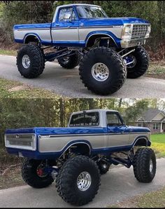 two pictures of an old truck with big wheels on the front and rear tires in different colors