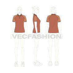 Women's Polo Shirt with Raglan Sleeve Brown Collared Top With Placket, Fitted Brown Polo Top, Fitted Brown Tops With Seamless Collar, Sweater Flat Sketch, Polo T Shirts Women, Flat Sketches, Clothes Sewing, Vector Template, Chocolate Color