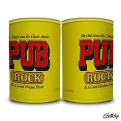 Geltchy | PUB ROCK Beer Stubby Cooler MY DAD LOVES HIS CLASSIC AUSSIE PUB ROCK and a Good Chicken Parmi Old School Typography Lettering Illustrated Gift Yellow Typography, Rock Vibes, The Pub, Classic Rock, My Dad