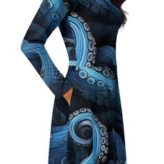 Blue and Black Octopus Tentacles Midi Long Sleeve Dress with Pockets Meet your new favorite dress! Its soft fabric and flattering cut will ensure you feel comfortable and feminine all day long. Plus, the fitted waist and flared bottom part of the dress will accentuate the wearer's naturally beautiful silhouette. The best part about the dress? It. Has. Pockets.   * Fabric composition in the EU: 96% polyester, 4% spandex  * Fabric composition in the US: 93% polyester, 7% spandex  * Fabric weight: Boat Neckline, Long Sleeve Midi Dress, Spandex Fabric, Favorite Dress, Octopus, Jersey Fabric, Dress Clothes For Women, Favorite Outfit, Midi Dress