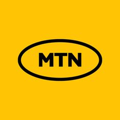 the mtn logo is shown on a yellow background with black letters and an oval shape