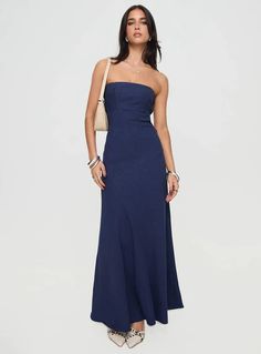 DRESS | Princess Polly AUS Unique Simple Prom Dress, Semi Formal Navy Blue Dress, Blue Satin Floral Dress, June Wedding Dresses Guest, Casual Floor Length Dress, Strapless Navy Prom Dress, Blue Strapless Maxi Dress, Navy Floor Length Dress, Dress With Flats Outfit Classy