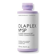 No.5P Blonde Enhancer Toning Conditioner -  No.5P Blonde Enhancer Toning Conditioner is not just another purple conditioner. This nourishing, root-to-tip formula locks in high-def brightness and neutralizes yellow, brassy tones as it hydrates without weighing hair down. OLAPLEX Bond Building Technology strengthens blonde and gray hair.    Benefits     Locks in root-to-tip brightness & tone Weightlessly softens & detangles Strengthens for healthy-looking blondes & grays Micro-fine pigments - Even Blonde And Gray Hair, Olaplex Blonde, Purple Conditioner, Toning Shampoo, Purple Shampoo, Hair Down, Nourishing Hair, Makeup Brands, Gray Hair