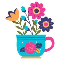 a blue cup with flowers in it