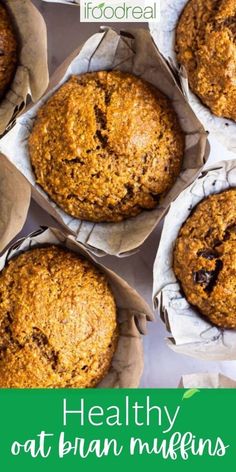 healthy oat bran muffins with chocolate chips on top and text overlay