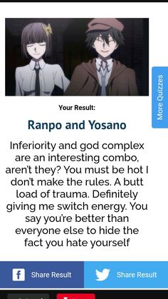 #bsd #ranpo #yosano Which Bsd Character Are You, Bsd Quizzes, Bsd Quiz, Ranpo X Yosano, Ranpo And Yosano, Ranpo Yosano, Bsd Yosano, Pinterest Quizzes, Yosano Bsd