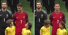 three pictures of the same soccer team in different poses, one with his head bowed