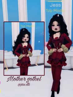 the doll is wearing a red dress with long sleeves