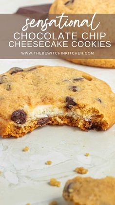 chocolate chip cheesecake cookies on a baking sheet with the title text overlay reads, sensational chocolate chip cheesecake cookies