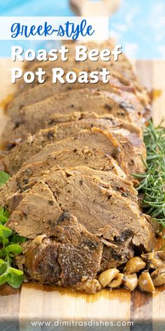 sliced roast beef with mushrooms and herbs on a cutting board