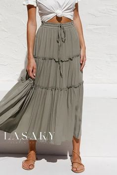 Lasaky - Premium Cotton-Linen Blend A-Line Pleated Midi Skirt with High-Waisted Design Cotton Wrap Dress, Rayon Skirt, Ruffle Maxi Skirt, Ankle Length Skirt, Maxi Skirt Boho, Elegant Skirt, Maxi Dress Navy, Maxi Dress Cotton, Asymmetrical Skirt