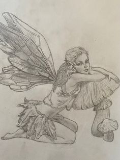 a pencil drawing of a fairy sitting on the ground