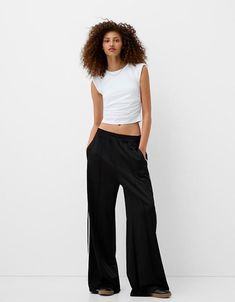 Bershka wide leg piping detail sweatpants in navy | ASOS Bershka Wide Leg, Social Media Trends, Jane Dress, Dress Rental, Wide Jeans, Plus Size Skirts, Womens Loungewear, Plus Size Pregnancy, Jumper Dress