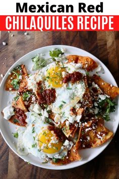 mexican red chili and cheese nachos on a white plate with text overlay