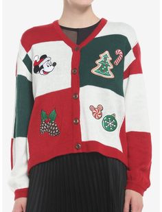 Her Universe Disney Holiday Mickey Mouse Patchwork Cardigan | Her Universe Disney Christmas Outfits, Disney Outfits Women, Holiday Icons, Disneyland Christmas, Pop Culture Outfits, Culture Outfits, Cartoon Tops, Patchwork Cardigan, Disney Friends