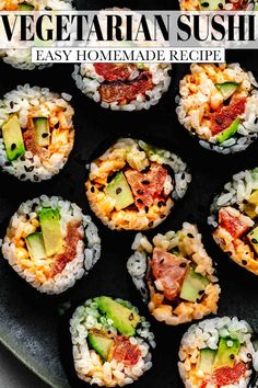 an image of vegetarian sushi with text overlay