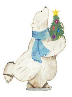 a polar bear with a christmas tree on its back, sitting in front of a white background