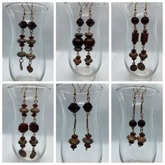 "Fun, funky and fantabulous.  The perfect earrings to accent that special outfit and the perfect accessory. Made with antique cooper beads, glass beads, wood beads with gold fish hoop ear wires. ROW ONE ACROSS LEFT TO RIGHT: #1   Dangle 3 1/2\" long #2   Dangle  4\" long #3   Dangle  4 1/4\" long ROW TWO ACROSS:  #1   Dangle 4 1/4\" long #2   Dangle  3\"long #3   Dangle 3\" long" Brown Round Bead Earrings For The Beach, Brown Round Beads Earrings For Beach, Brown Round Beaded Earrings For Beach, Brown Beaded Earrings For Beach, Bohemian Drop Earrings With Polished Beads, Brown Beaded Earrings For Beach With Dangling Beads, Brown Beaded Dangling Earrings For Beach, Brown Dangling Bead Earrings For Beach, Artisan Brown Beaded Earrings With Dangling Beads