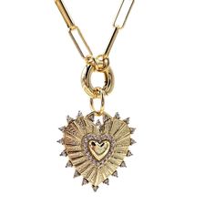 Say goodbye to small hearts and hello to BIG love with Emma - a luxe look for less! This oversized heart charm necklace in gold + silver with CZ stones makes a bold fashion statement without breaking your budget. Add extra charms to create your own unique look. Luxury Silver Necklace With Heart Charm, Luxury Tarnish Resistant Yellow Gold Heart Necklace, Gold Necklace With Large Heart Pendant, Gold Heart Pendant Large Jewelry, The Hug Necklace, Heart-shaped Gold Plated Charm Necklace For Her, Gold Chunky Chain Heart Pendant Jewelry, Chunky Heart-shaped Gold Necklace, Charm Bar