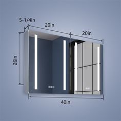 an image of a bathroom mirror with measurements for the door and side panels on it