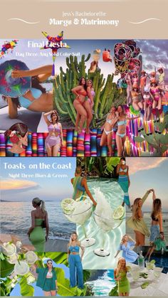 a collage of photos with women in bikinis and cactuses on the beach