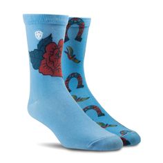 Designed for comfort with a dose of fashionable flair, these socks will keep your feet dry, comfy, and covered when you're kicking up the dust. Fanciful Rose Horseshoe Crew Sock 2 Pair Multi Pack | Women's Fanciful Rose Horseshoe Crew Socks 2 Pair Multi Pack in Bluebird by Ariat Casual Blue Socks For Spring, Nordic Sweater, Holiday Socks, Hiking Socks, Shield Logo, Crew Sock, Bluebird, Socks Women, Blue Bird