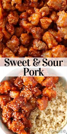 sweet and sour pork served over rice in a white bowl with the words sweet and sour pork above it