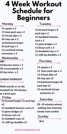 the 4 week workout schedule for beginners is shown in pink and black with text