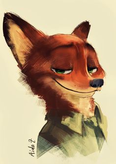 a drawing of a fox with green eyes