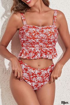 Bjux - Traje de baño de 2 piezas con estampado floral y adornos de volantes y delicado diseño Summer Ruffled Tankini For Pool, Summer Ruffled Tankini For Sunbathing, Spring Beach Tankini With Ruffles, Fitted Ruffle Swimwear For Vacation, Spring Beach Ruffled Tankini, Spring Vacation Tankini With Ruffles, Fitted Ruffled Tankini For Summer, Spring Vacation Ruffle Tankini, Red Printed Tankini For Summer