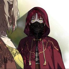 two anime characters with red hair and hoods, one wearing a black face mask