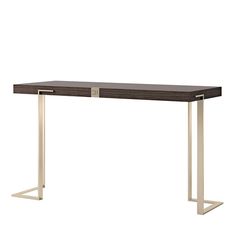 a wooden table with metal legs on a white background