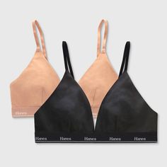 Hanes Originals Women’s Stretch Cotton Triangle Bra, 2-Pack Hanes Originals women's triangle bralette is a better-than-basic look that pairs perfectly with your best tee or tank. Made with signature cotton-rich fabric designed to leave your skin feeling happy and free. ComfortFlex Fit® bras are designed to fit you, while Cool Comfort™ technology keeps you feeling fresh and dry all-day long. Designed with classic hook-and-eye closure, this comfortable style offers adjustable straps for the perfec Best Bralettes, Not Wearing A Bra, Lounge Bra, Vacation Packing, Dress Up Outfits, Perfect Bra, Black Camel, Comfortable Style, Triangle Bralette