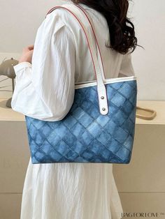 BagForLove - Blue Geometric Shoulder Tote: Double-Handled Work Bag with Stylish Pattern Product Description Color Blue Strap Type Double Handle Pattern Type Geometric Bag Size Medium Style Preppy Type Shopper Bag Material PU Leather Size Chart INCH CM Bag Length Bag Width Bag Height Handle Height 15 inch 3.9 inch 9.8 inch 9.4 inch Bag Length Bag Width Bag Height Handle Height 38 cm 10 cm 25 cm 24 cm Details Pictures Similar Products h2 { text-align: center; } /* æ¢è¡ */ li{ white-space: normal Casual Blue Handheld Shoulder Bag, Blue Large Capacity Shoulder Bag For Errands, Blue Bucket Bags For Errands, Denim Blue Bag For Everyday Use, Casual Blue Shoulder Bag With Double Handle, Blue Handheld Bag For Errands, Light Blue Square Shoulder Bag For Daily Use, Blue Large Capacity Tote Shoulder Bag, Casual Blue Shoulder Bag With Handles