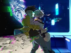 two anime characters are kissing in front of a space station with the earth in the background